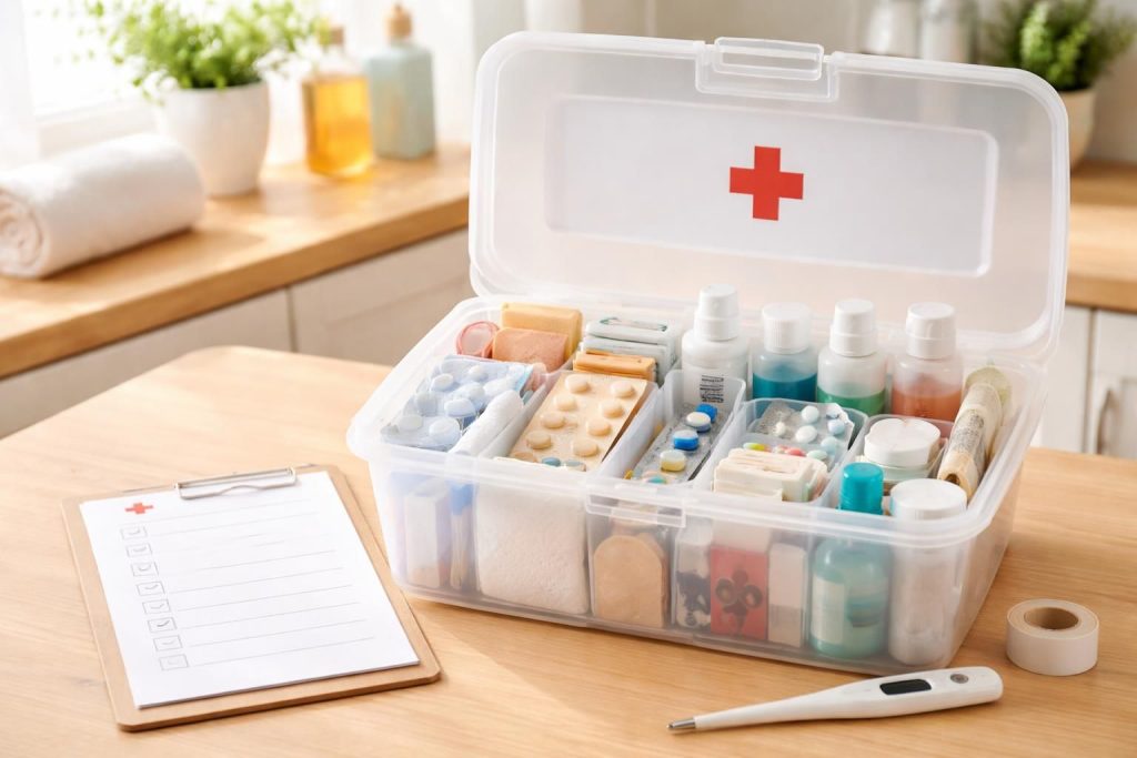 découvrez comment gérer efficacement la trousse à pharmacie familiale grâce à une checklist complète de la croix rouge et une boîte curver adaptée pour un rangement pratique et sécurisé.
